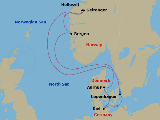 7 Night - Europe Roundtrip from Copenhagen - Costa Diadema - Starting in Copenhagen, Hellesylt, Norway, Geiranger, Norway, Bergen, Aarhus, Kiel, Copenhagen itinerary map