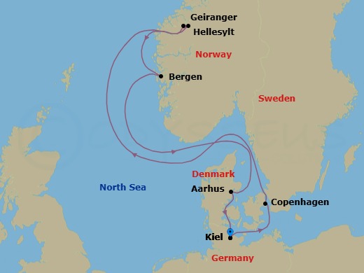 7 Night - Western Europe Roundtrip from Kiel - Costa Diadema - Starting in Kiel, Copenhagen, Hellesylt, Norway, Geiranger, Norway, Bergen, Aarhus, Kiel itinerary map