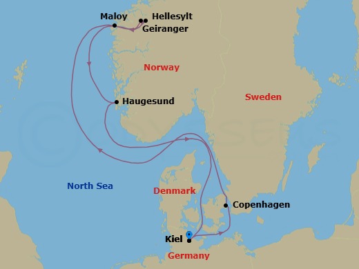 7 Night - Western Europe Roundtrip from Kiel - Costa Diadema - Starting in Kiel, Copenhagen, Hellesylt, Norway, Geiranger, Norway, Maloy, Haugesund, Kiel itinerary map