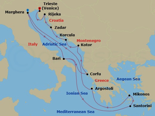 14 Night - Southern Europe from Marghera to Venice (Trieste) - Costa Deliziosa - Starting in Marghera (Venice), Bari, Thira (Santorini), Mykonos, Argostoli (Cephalonia), Marghera (Venice), Bari, Corfu, Kotor, Korcula, Croatia, Zadar, Rijeka, Trieste itinerary map