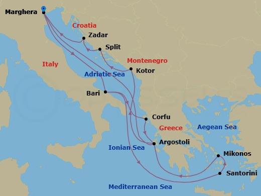 14 Night - Europe Roundtrip from Marghera - Costa Deliziosa - Starting in Marghera (Venice), Bari, Thira (Santorini), Mykonos, Argostoli (Cephalonia), Marghera (Venice), Bari, Corfu, Argostoli (Cephalonia), Kotor, Split, Zadar, Marghera (Venice) itinerary map