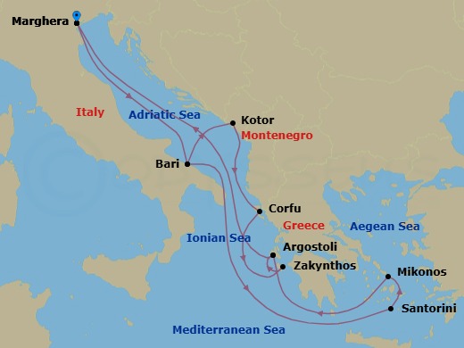 14 Night - Europe Roundtrip from Marghera - Costa Deliziosa - Starting in Marghera (Venice), Bari, Kotor, Corfu, Zakynthos, Argostoli (Cephalonia), Marghera (Venice), Bari, Thira (Santorini), Mykonos, Argostoli (Cephalonia), Marghera (Venice) itinerary map