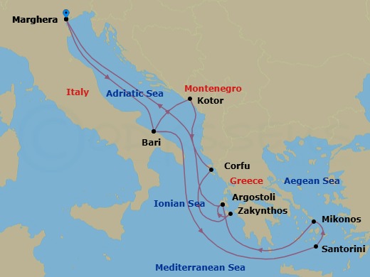 14 Night - Europe Roundtrip from Marghera - Costa Deliziosa - Starting in Marghera (Venice), Bari, Thira (Santorini), Mykonos, Argostoli (Cephalonia), Marghera (Venice), Bari, Kotor, Corfu, Zakynthos, Argostoli (Cephalonia), Marghera (Venice) itinerary map