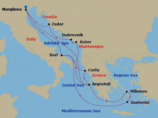 14 Night - Europe Roundtrip from Marghera - Costa Deliziosa - Starting in Marghera (Venice), Bari, Corfu, Argostoli (Cephalonia), Kotor, Dubrovnik, Croatia, Zadar, Marghera (Venice), Bari, Thira (Santorini), Mykonos, Argostoli (Cephalonia), Marghera (Venice) itinerary map