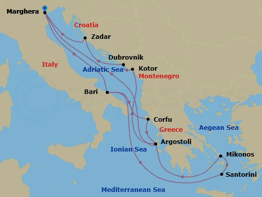 14 Night - Europe Roundtrip from Marghera - Costa Deliziosa - Starting in Marghera (Venice), Bari, Thira (Santorini), Mykonos, Argostoli (Cephalonia), Marghera (Venice), Bari, Corfu, Argostoli (Cephalonia), Kotor, Dubrovnik, Croatia, Zadar, Marghera (Venice) itinerary map