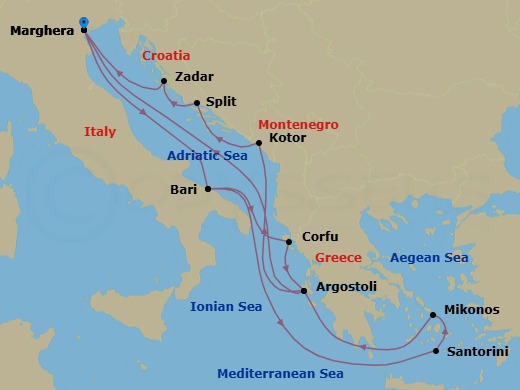14 Night - Europe Roundtrip from Marghera - Costa Deliziosa - Starting in Marghera (Venice), Bari, Corfu, Argostoli (Cephalonia), Kotor, Split, Zadar, Marghera (Venice), Bari, Thira (Santorini), Mykonos, Argostoli (Cephalonia), Marghera (Venice) itinerary map