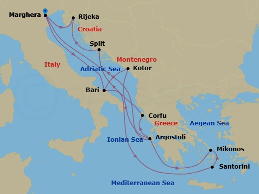 14 Night - Europe Roundtrip from Marghera - Costa Deliziosa - Starting in Marghera (Venice), Bari, Kotor, Argostoli (Cephalonia), Corfu, Split, Rijeka, Marghera (Venice), Bari, Thira (Santorini), Mykonos, Argostoli (Cephalonia), Marghera (Venice) itinerary map