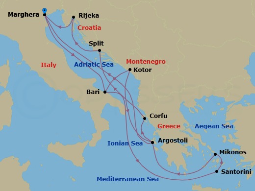 14 Night - Europe Roundtrip from Marghera - Costa Deliziosa - Starting in Marghera (Venice), Bari, Thira (Santorini), Mykonos, Argostoli (Cephalonia), Marghera (Venice), Bari, Kotor, Argostoli (Cephalonia), Corfu, Split, Rijeka, Marghera (Venice) itinerary map