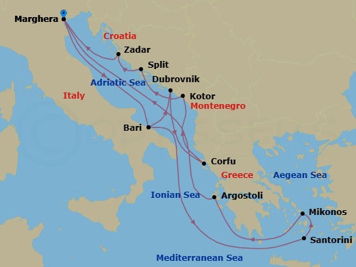 14 Night - Europe Roundtrip from Marghera - Costa Deliziosa - Starting in Marghera (Venice), Bari, Dubrovnik, Croatia, Corfu, Kotor, Split, Zadar, Marghera (Venice), Bari, Thira (Santorini), Mykonos, Argostoli (Cephalonia), Marghera (Venice) itinerary map
