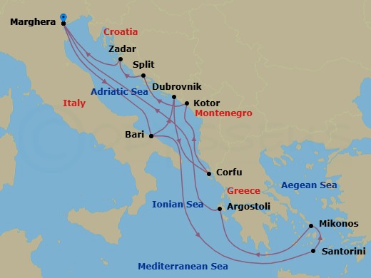 14 Night - Europe Roundtrip from Marghera - Costa Deliziosa - Starting in Marghera (Venice), Bari, Thira (Santorini), Mykonos, Argostoli (Cephalonia), Marghera (Venice), Bari, Dubrovnik, Croatia, Corfu, Kotor, Split, Zadar, Marghera (Venice) itinerary map