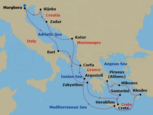14 Night - Europe Roundtrip from Marghera - Costa Deliziosa - Starting in Marghera (Venice), Bari, Corfu, Argostoli (Cephalonia), Souda Bay (Crete), Rhodes, Mykonos, Piraeus (Athens), Thira (Santorini), Heraklion (Crete), Zakynthos, Kotor, Zadar, Rijeka, Marghera (Venice) itinerary map