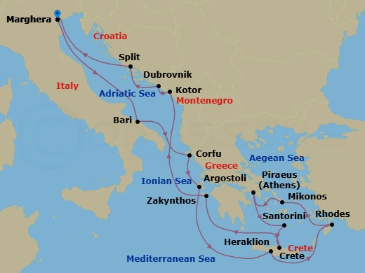 14 Night - Europe Roundtrip from Marghera - Costa Deliziosa - Starting in Marghera (Venice), Bari, Corfu, Argostoli (Cephalonia), Souda Bay (Crete), Rhodes, Mykonos, Piraeus (Athens), Thira (Santorini), Heraklion (Crete), Zakynthos, Kotor, Dubrovnik, Croatia, Split, Marghera (Venice) itinerary map