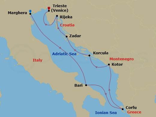 7 Night - Southern Europe from Marghera to Venice (Trieste) - Costa Deliziosa - Starting in Marghera (Venice), Bari, Corfu, Kotor, Korcula, Croatia, Zadar, Rijeka, Trieste itinerary map