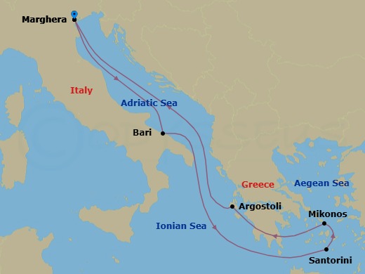 7 Night - Europe Roundtrip from Marghera - Costa Deliziosa - Starting in Marghera (Venice), Bari, Thira (Santorini), Mykonos, Argostoli (Cephalonia), Marghera (Venice) itinerary map