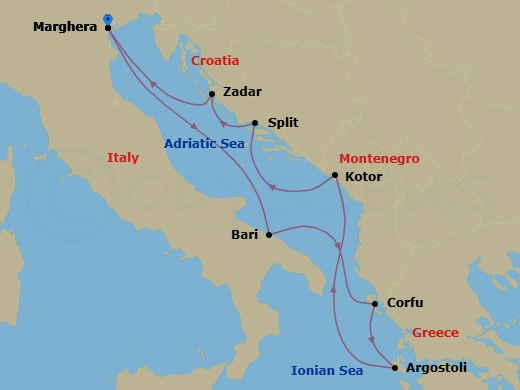 7 Night - Europe Roundtrip from Marghera - Costa Deliziosa - Starting in Marghera (Venice), Bari, Corfu, Argostoli (Cephalonia), Kotor, Split, Zadar, Marghera (Venice) itinerary map