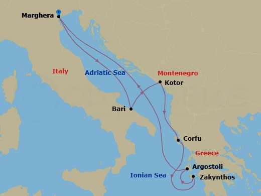 7 Night - Europe Roundtrip from Marghera - Costa Deliziosa - Starting in Marghera (Venice), Bari, Kotor, Corfu, Zakynthos, Argostoli (Cephalonia), Marghera (Venice) itinerary map