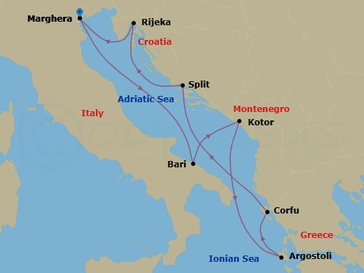 7 Night - Europe Roundtrip from Marghera - Costa Deliziosa - Starting in Marghera (Venice), Bari, Kotor, Argostoli (Cephalonia), Corfu, Split, Rijeka, Marghera (Venice) itinerary map