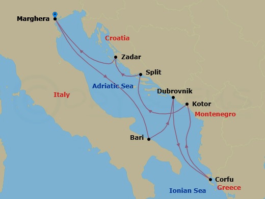 7 Night - Europe Roundtrip from Marghera - Costa Deliziosa - Starting in Marghera (Venice), Bari, Dubrovnik, Croatia, Corfu, Kotor, Split, Zadar, Marghera (Venice) itinerary map