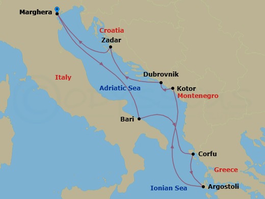 7 Night - Europe Roundtrip from Marghera - Costa Deliziosa - Starting in Marghera (Venice), Bari, Corfu, Argostoli (Cephalonia), Kotor, Dubrovnik, Croatia, Zadar, Marghera (Venice) itinerary map