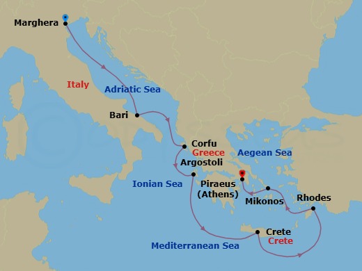 7 Night - Central Mediterranean from Marghera to Athens (Piraeus) - Costa Deliziosa - Starting in Marghera (Venice), Bari, Corfu, Argostoli (Cephalonia), Souda Bay (Crete), Rhodes, Mykonos, Piraeus (Athens) itinerary map