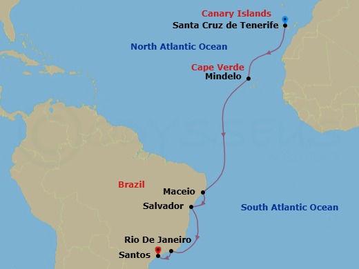 12 Night - Transatlantic from S. Cruz De Tenerife - Costa Diadema - Starting in Santa Cruz de Tenerife, Mindelo (Sao Vicente), Maceio, Salvador Bahia, Rio De Janeiro, Santos (Sao Paulo) itinerary map