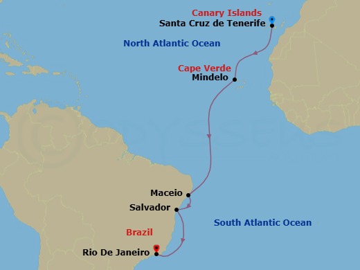 11 Night - Transatlantic from S. Cruz De Tenerife - Costa Diadema - Starting in Santa Cruz de Tenerife, Mindelo (Sao Vicente), Maceio, Salvador Bahia, Rio De Janeiro itinerary map