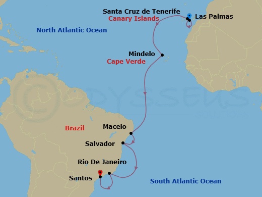 13 Night - Transatlantic from Las Palmas - Costa Diadema - Starting in Las Palmas (Gran Canaria), Santa Cruz de Tenerife, Mindelo (Sao Vicente), Maceio, Salvador Bahia, Rio De Janeiro, Santos (Sao Paulo) itinerary map