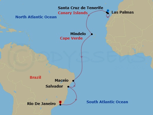 12 Night - Transatlantic from Las Palmas - Costa Diadema - Starting in Las Palmas (Gran Canaria), Santa Cruz de Tenerife, Mindelo (Sao Vicente), Maceio, Salvador Bahia, Rio De Janeiro itinerary map