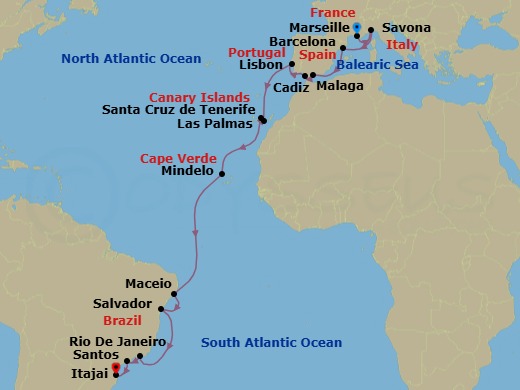 24 Night - Southern Europe from Marseille to Itajai - Costa Diadema - Starting in Marseille, Savona, Barcelona, Malaga, Cadiz, Lisbon, Las Palmas (Gran Canaria), Santa Cruz de Tenerife, Mindelo (Sao Vicente), Maceio, Salvador Bahia, Rio De Janeiro, Santos (Sao Paulo), Itajai itinerary map