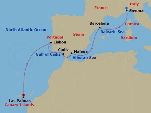 8 Night - Western Mediterranean from Savona to Las Palmas - Costa Diadema - Starting in Savona, Barcelona, Malaga, Cadiz, Lisbon, Las Palmas (Gran Canaria) itinerary map