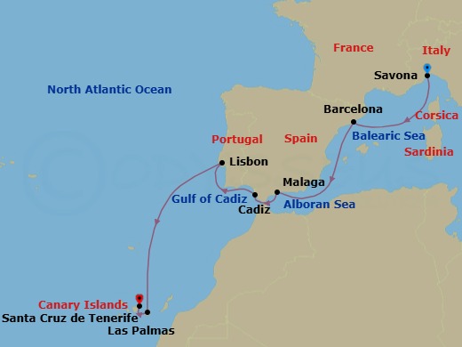 9 Night - Western Mediterranean from Savona to Santa Cruz de Tenerife - Costa Diadema - Starting in Savona, Barcelona, Malaga, Cadiz, Lisbon, Las Palmas (Gran Canaria), Santa Cruz de Tenerife itinerary map
