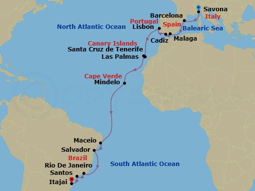 23 Night - Transatlantic from Savona to Itajai - Costa Diadema - Starting in Savona, Barcelona, Malaga, Cadiz, Lisbon, Las Palmas (Gran Canaria), Santa Cruz de Tenerife, Mindelo (Sao Vicente), Maceio, Salvador Bahia, Rio De Janeiro, Santos (Sao Paulo), Itajai itinerary map