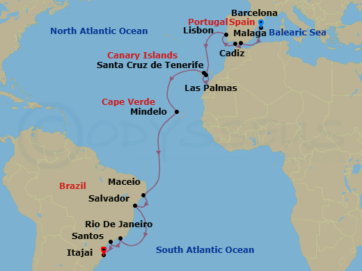 22 Night - Transatlantic from Barcelona to Itajai - Costa Diadema - Starting in Barcelona, Malaga, Cadiz, Lisbon, Las Palmas (Gran Canaria), Santa Cruz de Tenerife, Mindelo (Sao Vicente), Maceio, Salvador Bahia, Rio De Janeiro, Santos (Sao Paulo), Itajai itinerary map