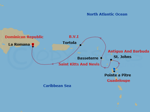 4 Night - Caribbean from Pointe a Pitre to La Romana - Costa Fascinosa - Starting in Pointe-a-Pitre, St Johns AG, Antigua, Basseterre, Saint Kitts, Road Harbour (Tortola), La Romana itinerary map