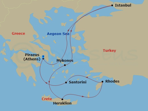 7 Night - Eastern Mediterranean from Athens (Pireo) - Costa Fortuna - Starting in Piraeus (Athens), Istanbul, Mykonos, Heraklion (Crete), Rhodes, Thira (Santorini), Piraeus (Athens) itinerary map
