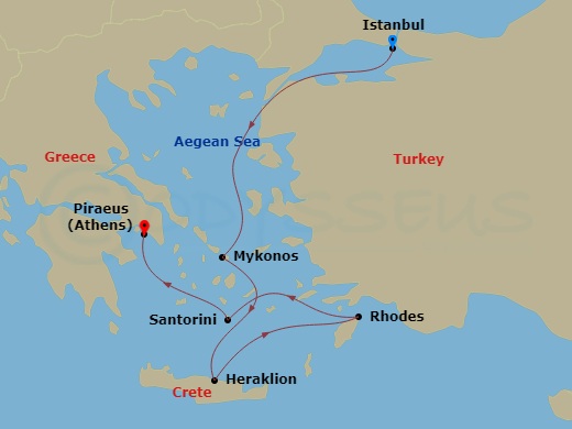5 Night - Mediterranean from Istanbul to Athens (Piraeus) - Costa Fortuna - Starting in Istanbul, Mykonos, Heraklion (Crete), Rhodes, Thira (Santorini), Piraeus (Athens) itinerary map