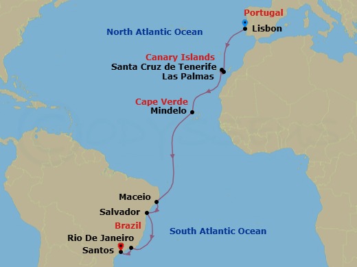 15 Night - South America from Lisbon to Santos - Costa Diadema - Starting in Lisbon, Las Palmas (Gran Canaria), Santa Cruz de Tenerife, Mindelo (Sao Vicente), Maceio, Salvador Bahia, Rio De Janeiro, Santos (Sao Paulo) itinerary map
