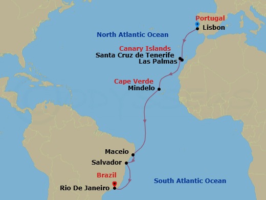 14 Night - South America from Lisbon to Rio De Janeiro - Costa Diadema - Starting in Lisbon, Las Palmas (Gran Canaria), Santa Cruz de Tenerife, Mindelo (Sao Vicente), Maceio, Salvador Bahia, Rio De Janeiro itinerary map