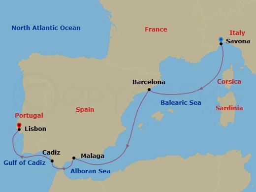 6 Night - Western Mediterranean from Savona to Lisbon - Costa Diadema - Starting in Savona, Barcelona, Malaga, Cadiz, Lisbon itinerary map
