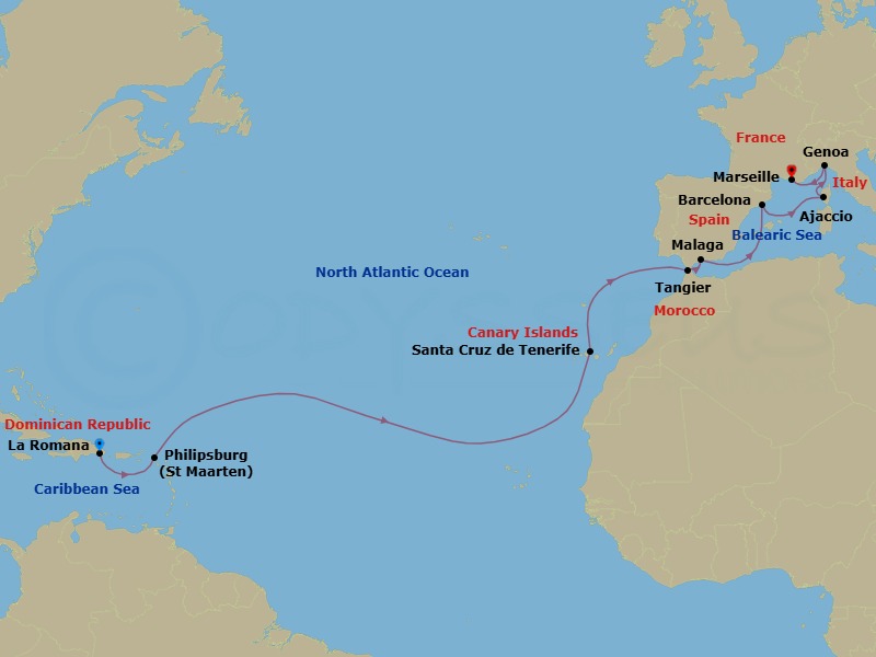 17 Night - Transatlantic from Casa De Campo / La Romana - Costa Fascinosa - Starting in La Romana, Philipsburg, Santa Cruz de Tenerife, Tangier, Malaga, Barcelona, Ajaccio (Corsica), Genoa (Portofino), Marseille itinerary map