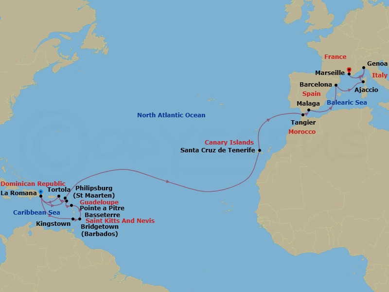 24 Night - Transatlantic from Casa De Campo / La Romana - Costa Fascinosa - Starting in La Romana, Kingstown, Saint Vincent, Bridgetown, Barbados, Pointe-a-Pitre, Basseterre, Saint Kitts, Road Harbour (Tortola), La Romana, Philipsburg, Santa Cruz de Tenerife, Tangier, Malaga, Barcelona, Ajaccio (Corsica), Genoa (Portofino), Marseille itinerary map
