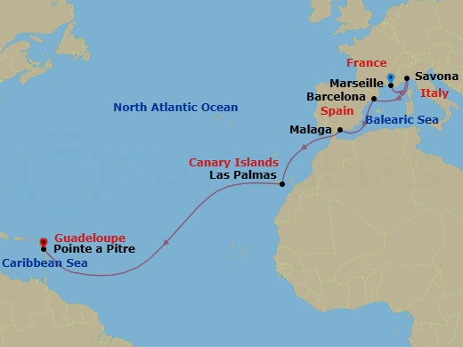 13 Night - Europe from Marseille to Pointe a Pitre - Costa Fascinosa - Starting in Marseille, Savona, Barcelona, Malaga, Las Palmas (Gran Canaria), Pointe-a-Pitre itinerary map