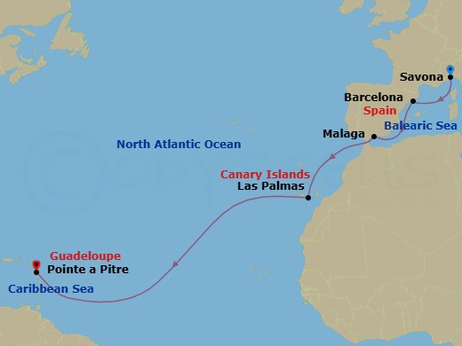 12 Night - Europe from Savona to Pointe a Pitre - Costa Fascinosa - Starting in Savona, Barcelona, Malaga, Las Palmas (Gran Canaria), Pointe-a-Pitre itinerary map