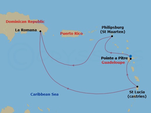 6 Night - Caribbean Roundtrip from Pointe a Pitre - Costa Fascinosa - Starting in Pointe-a-Pitre, Philipsburg, La Romana, Castries, Pointe-a-Pitre itinerary map