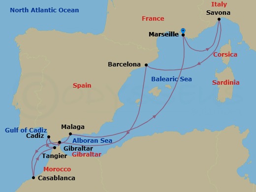 10 Night - Western Mediterranean from Marseille - Costa Fascinosa - Starting in Marseille, Savona, Barcelona, Gibraltar, Casablanca, Tangier, Cadiz, Malaga, Marseille itinerary map