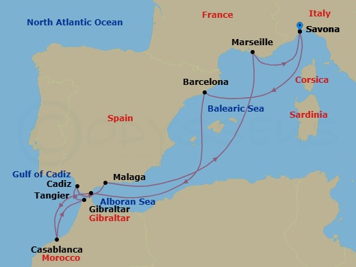 10 Night - Western Mediterranean from Savona - Costa Fascinosa - Starting in Savona, Barcelona, Gibraltar, Casablanca, Tangier, Cadiz, Malaga, Marseille, Savona itinerary map
