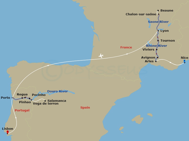 20 Night - Discover the South of France & Portugal : Nice to Lisbon - Emerald Liberte - Starting in Nice, Nice / Arles, Arles, Avignon, Viviers, Tournon, Macon, Lyon, Lyon / Porto, Porto / Pinhao, Pinhao / Vega de Terron, Vega de Terron / Salamanca, Pocinho / Regua, Regua / Porto, Porto, Porto / Lisbon, Lisbon itinerary map