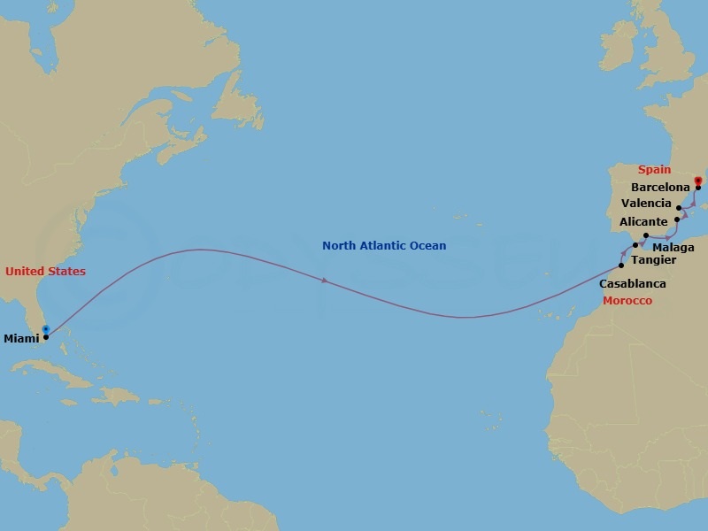 14 Night - Spain & Morocco Transatlantic - Rhapsody of the Seas - Starting in Miami, Florida, Casablanca, Morocco, Tangier, Morocco, Malaga, Spain, Alicante, Spain, Valencia, Spain, Barcelona, Spain itinerary map