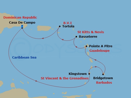 7 Night - Western Caribbean from Casa De Campo / La Romana - Costa Fascinosa - Starting in La Romana, Kingstown, Saint Vincent, Bridgetown, Barbados, Pointe-a-Pitre, Basseterre, Saint Kitts, Road Harbour (Tortola), La Romana itinerary map
