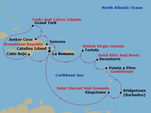 14 Night - Western Caribbean from Casa De Campo / La Romana - Costa Fascinosa - Starting in La Romana, Catalina Island, Arroyo Barril (Samana), Amber Cove, Grand Turk, Cabo Rojo, La Romana, Kingstown, Saint Vincent, Bridgetown, Barbados, Pointe-a-Pitre, Basseterre, Saint Kitts, Road Harbour (Tortola), La Romana itinerary map